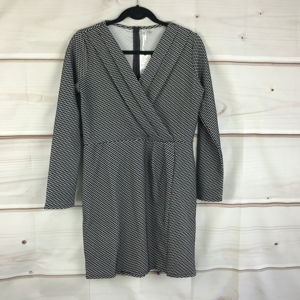 NY Collection Dress Womens PS Black Geometric Faux Wrap Sheath Textured V-Neck